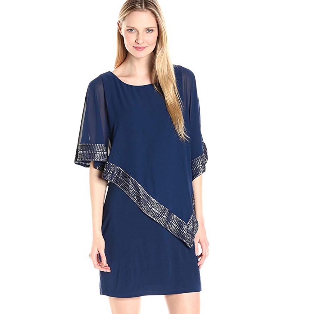 Navy and Silver Foil Cape Chiffon Dress